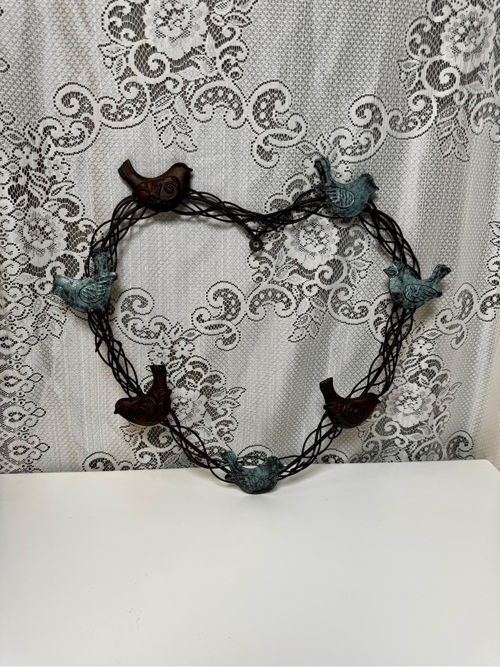 Vintage Cast Iron Bird Metal Wire Heart Wreath Rustic Verdigris Farm House- 13”